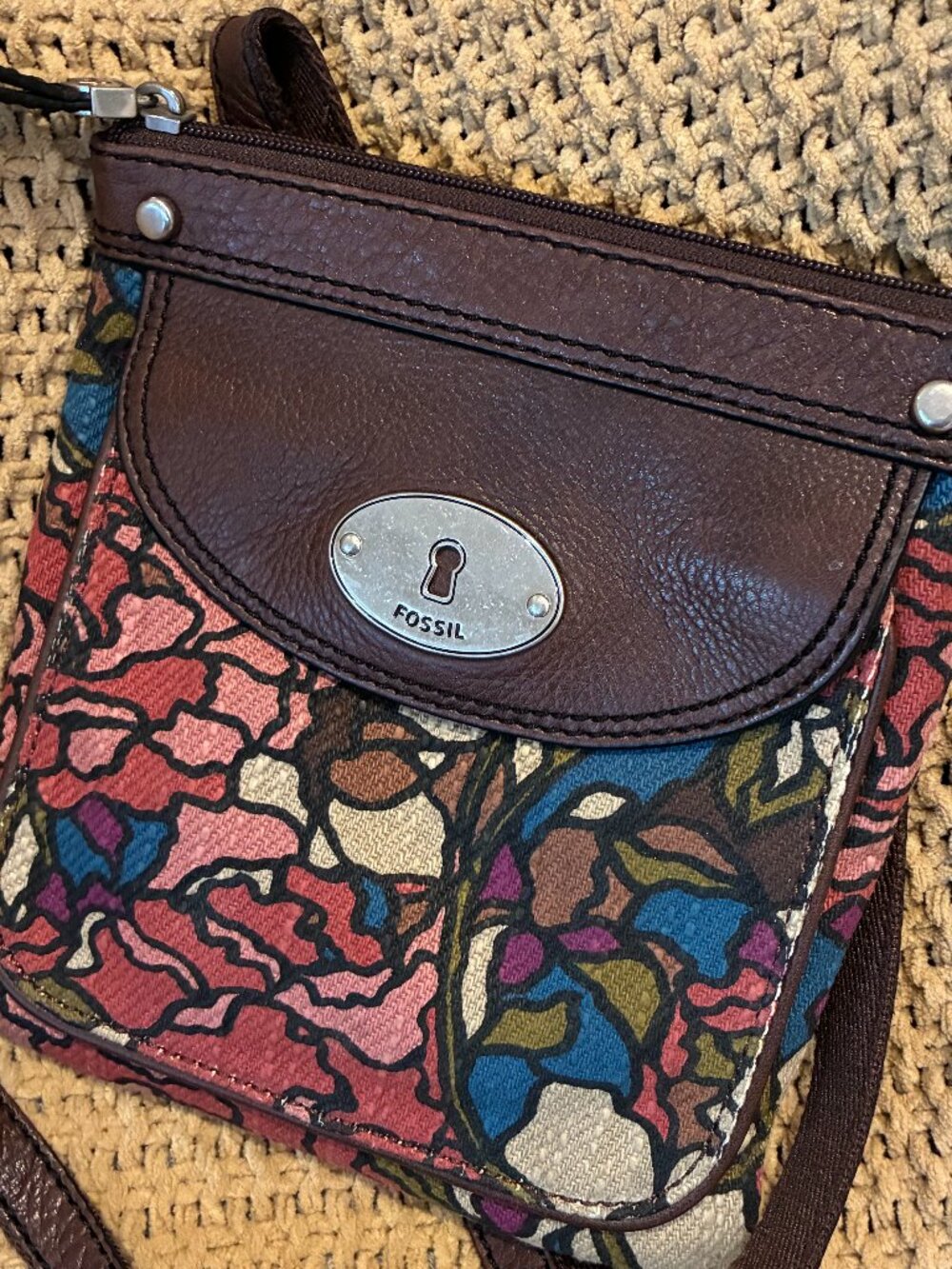 Fossil "Long Live Vintage"™ Floral Textile Crossbody Bag Brown Leather Trim